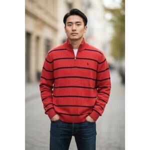 VTG POLO RALPH LAUREN 1/4 ZIP SWEATER RED STRIPED PREPPY HERITAGE CLASSIC SZ LG